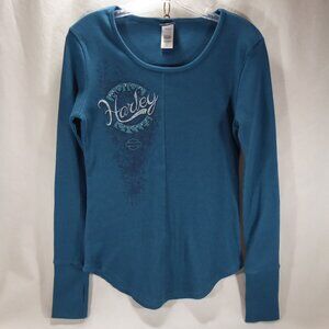 Women Harley Davidson Teal Long Sleeve Thermal Shirt w Thumbholes L Mansfield PA